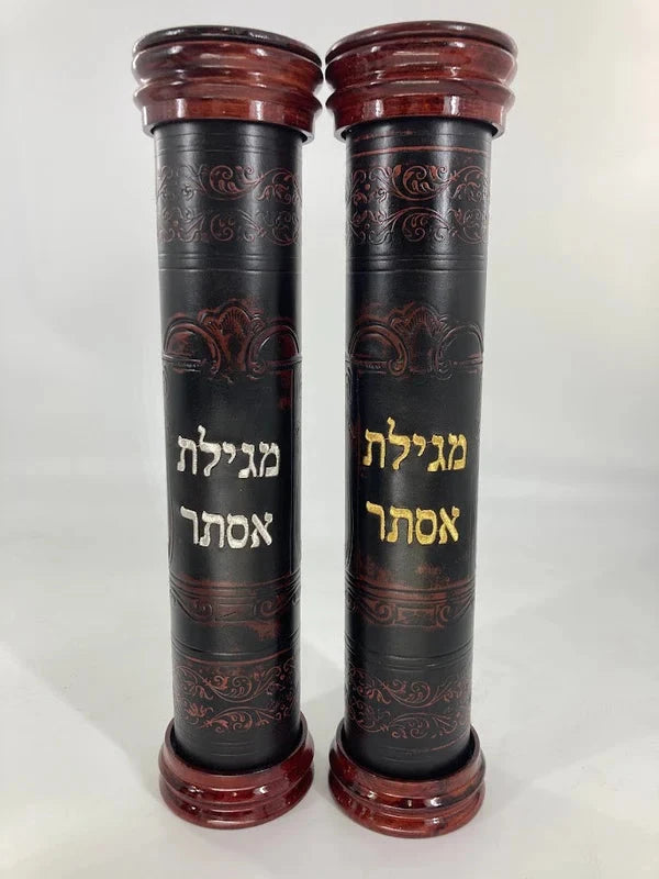 Antique Leather & Wood Megillah Holder 16"-Embroidered (MG-ALR16D) — Hebrew Seforim from Alef To Tav