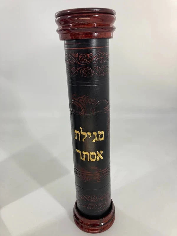 Antique Leather & Wood Megillah Holder 16"-Embroidered (MG-ALR16D) — Hebrew Seforim from Alef To Tav