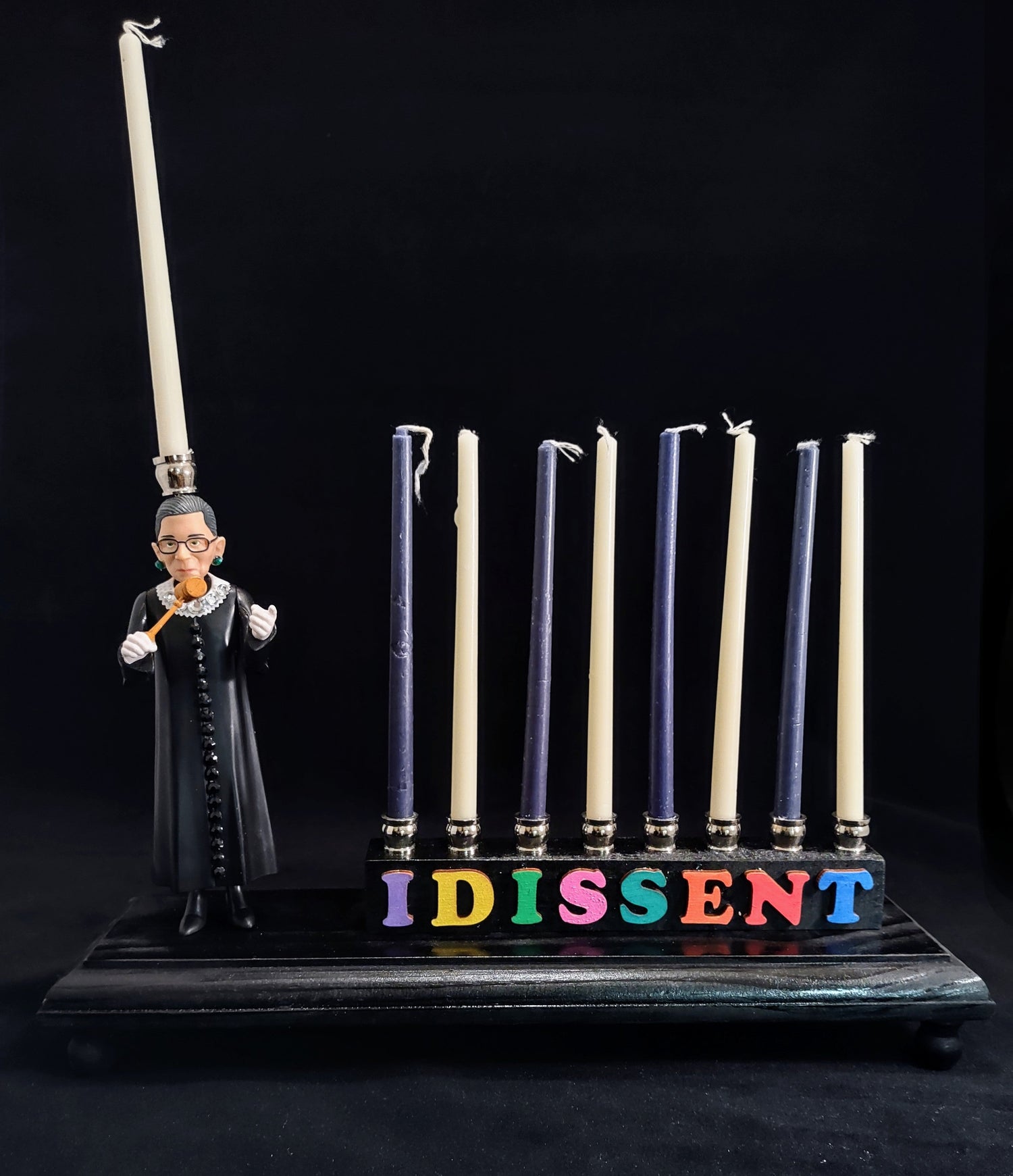 RBG I Dissent menorah — Ruth Bader Ginsburg figure in sparkly collar with letter tiles | Judaica Square Lakewood (view 5)