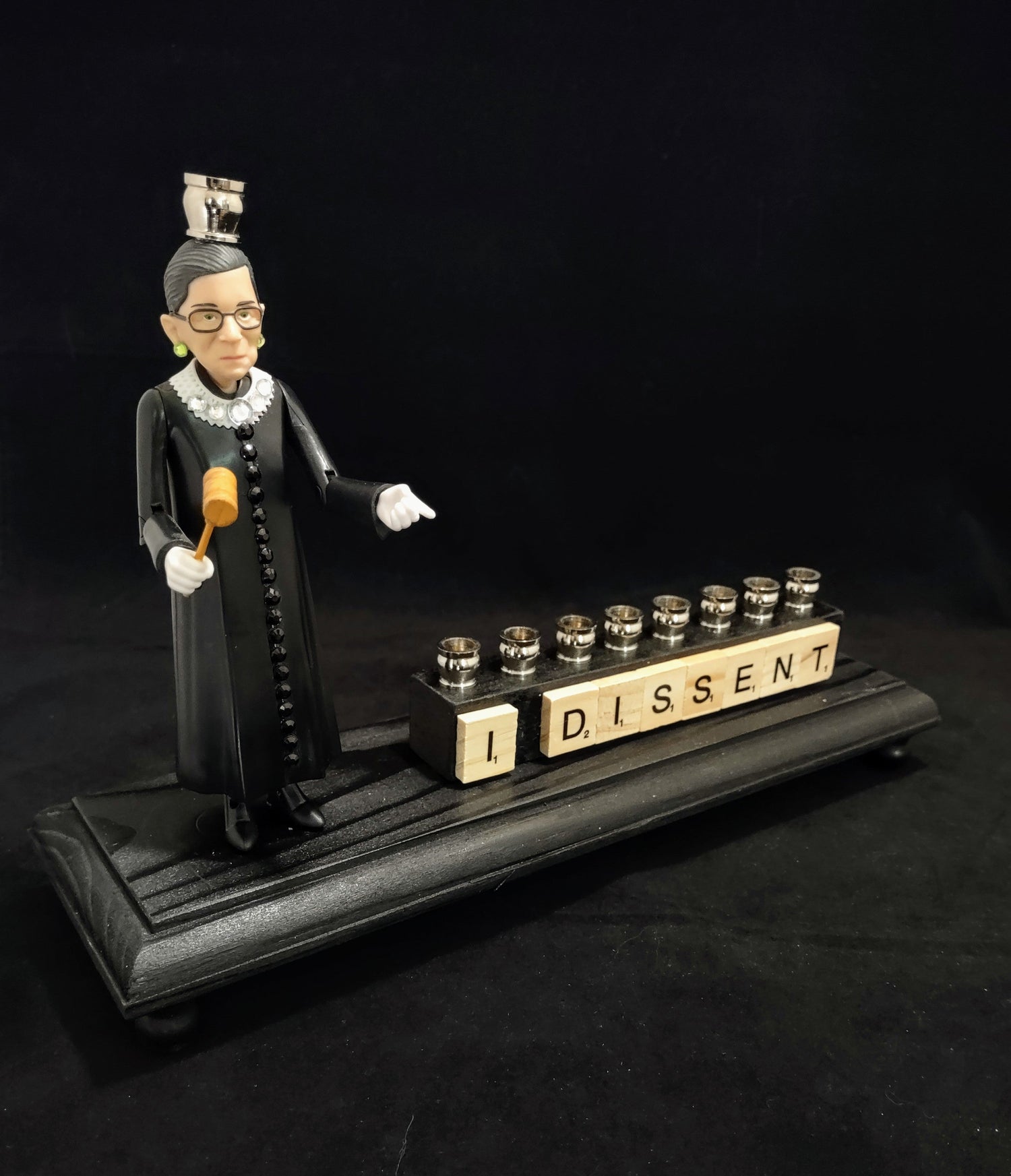 RBG I Dissent menorah — Ruth Bader Ginsburg figure in sparkly collar with letter tiles | Judaica Square Lakewood (view 6)