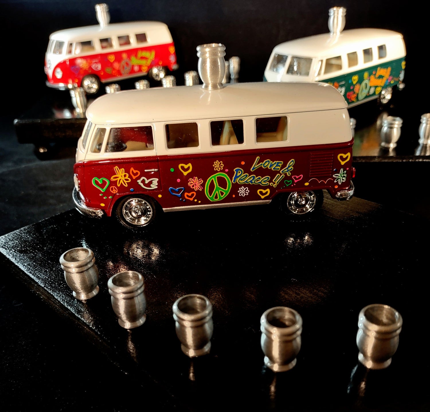 Shalom VW bus menorah — painted die-cast Volkswagen van on wood plaque with candle cups | Judaica Square Lakewood (view 6)