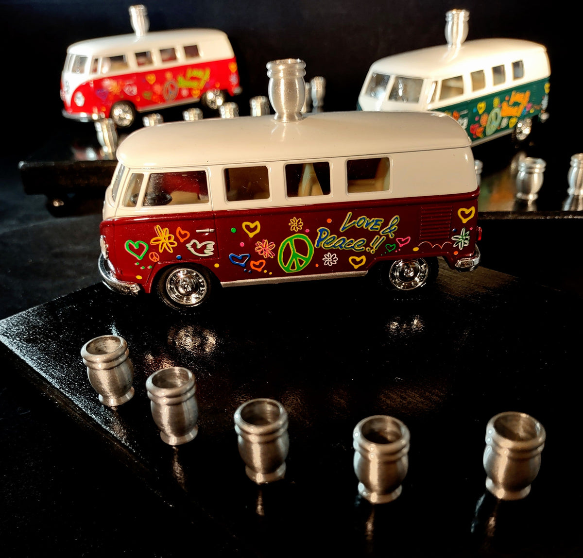 Shalom VW bus menorah — painted die-cast Volkswagen van on wood plaque with candle cups | Judaica Square Lakewood (view 6)
