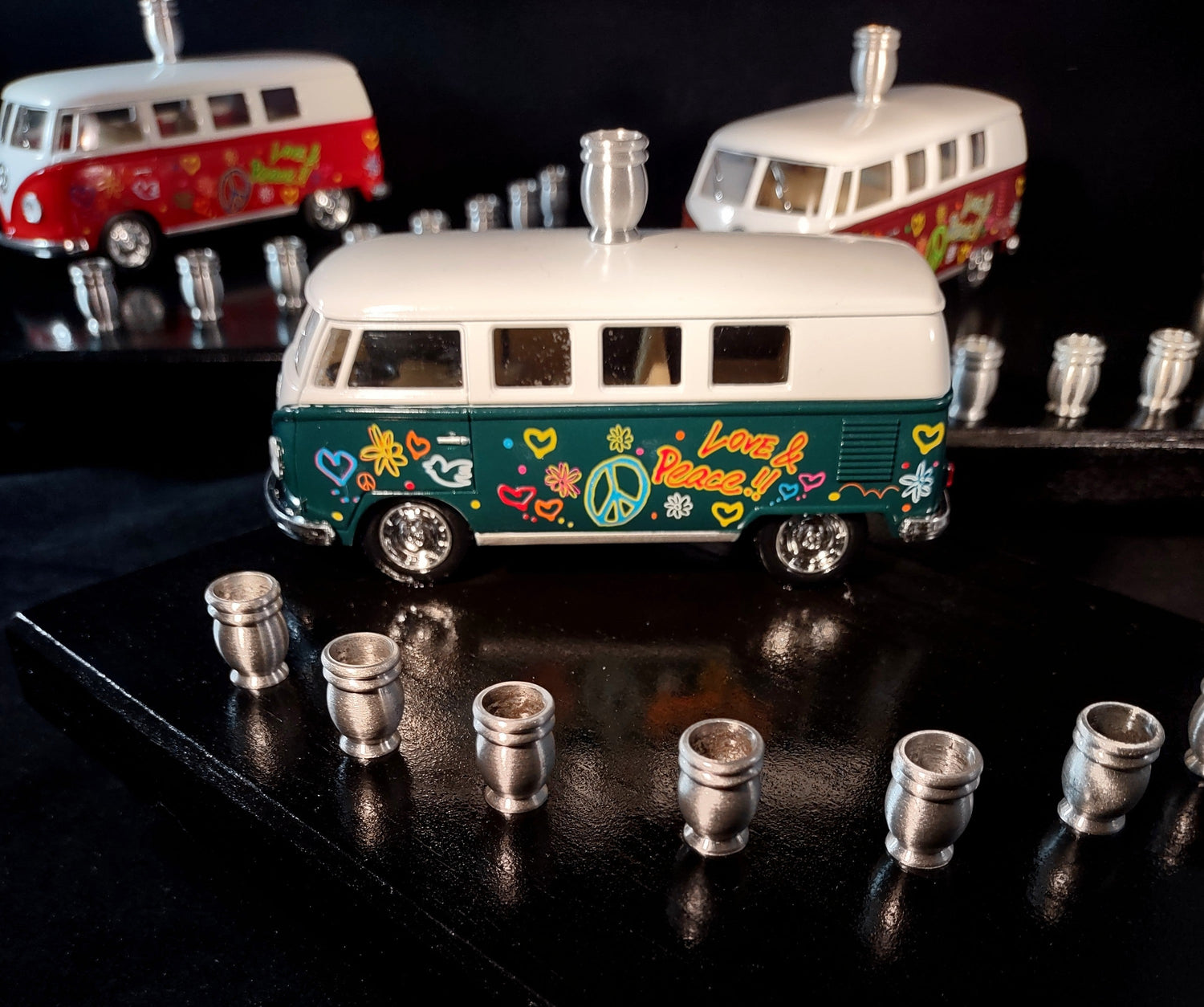 Shalom VW bus menorah — painted die-cast Volkswagen van on wood plaque with candle cups | Judaica Square Lakewood (view 7)