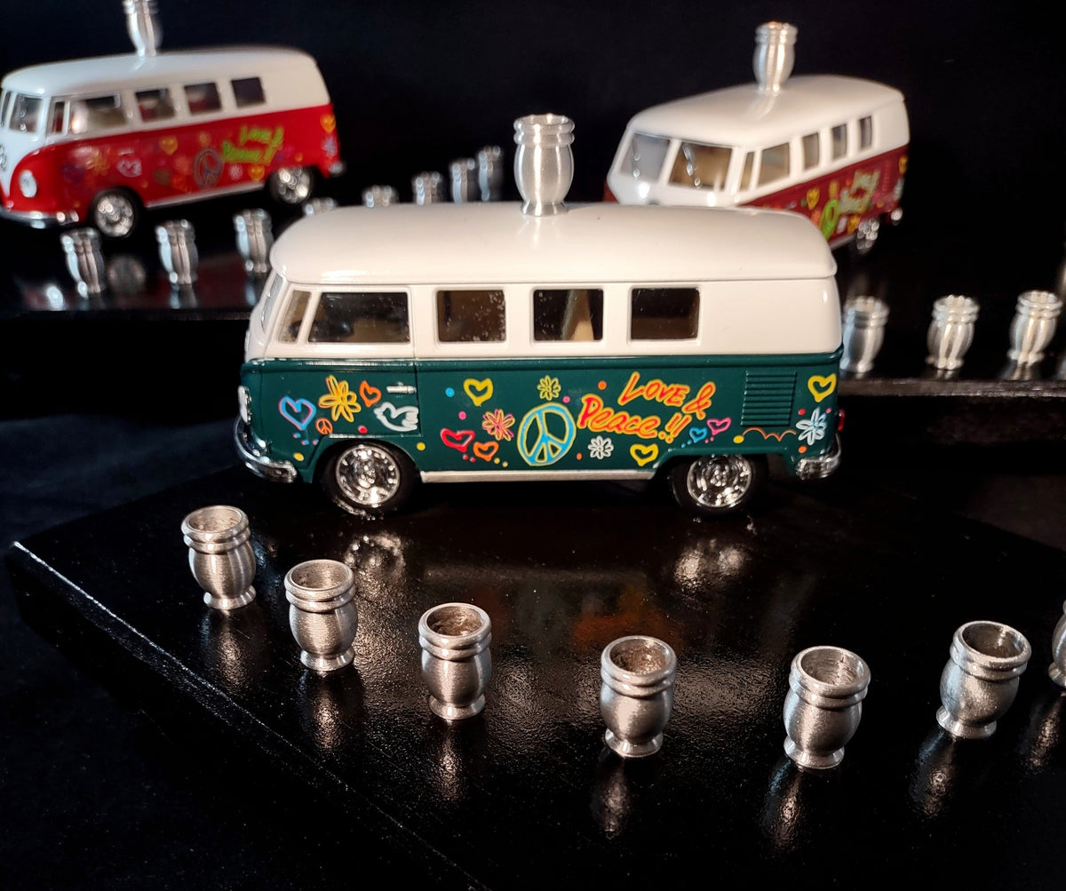 Shalom VW bus menorah — painted die-cast Volkswagen van on wood plaque with candle cups | Judaica Square Lakewood (view 7)