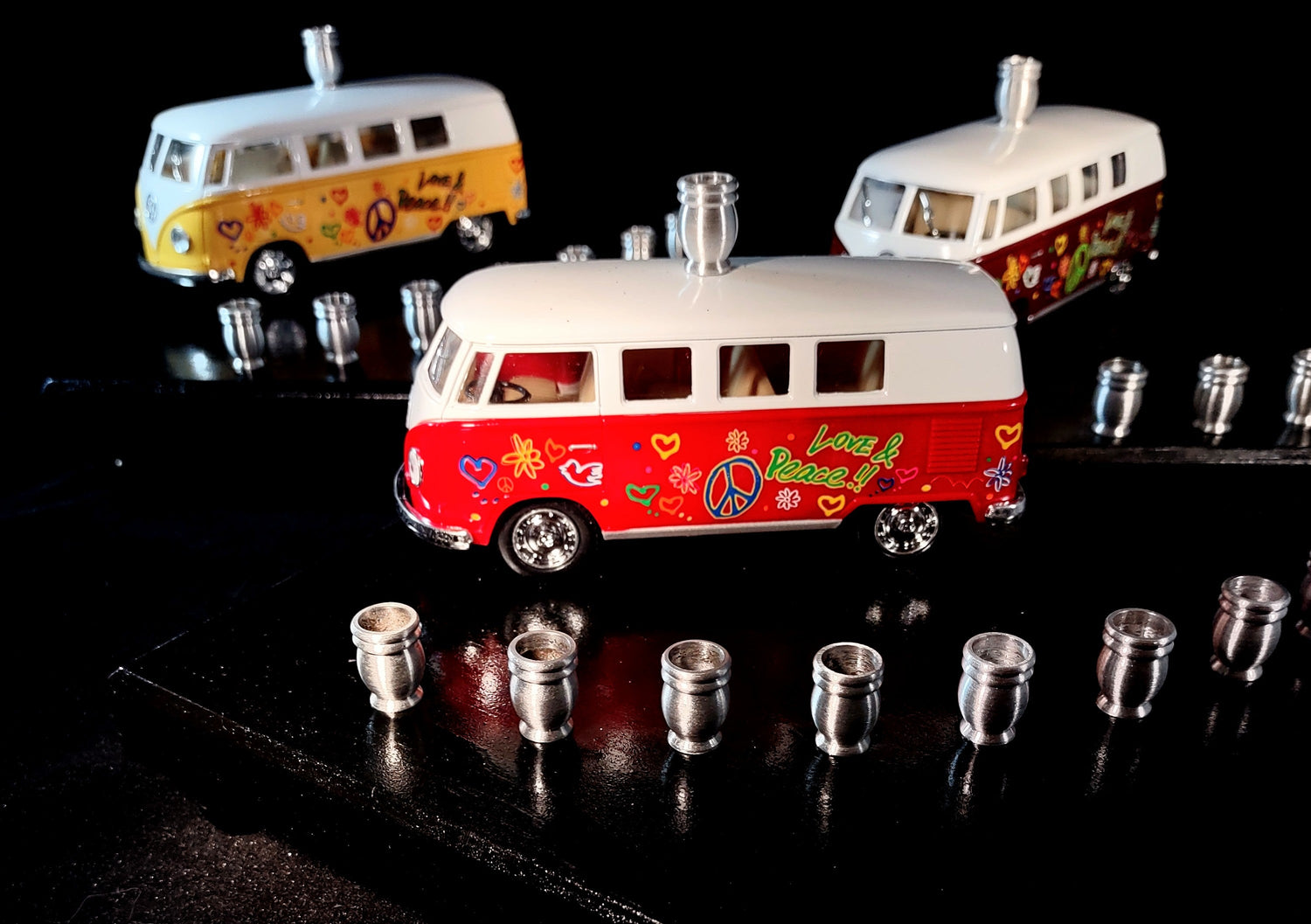 Shalom VW bus menorah — painted die-cast Volkswagen van on wood plaque with candle cups | Judaica Square Lakewood (view 8)