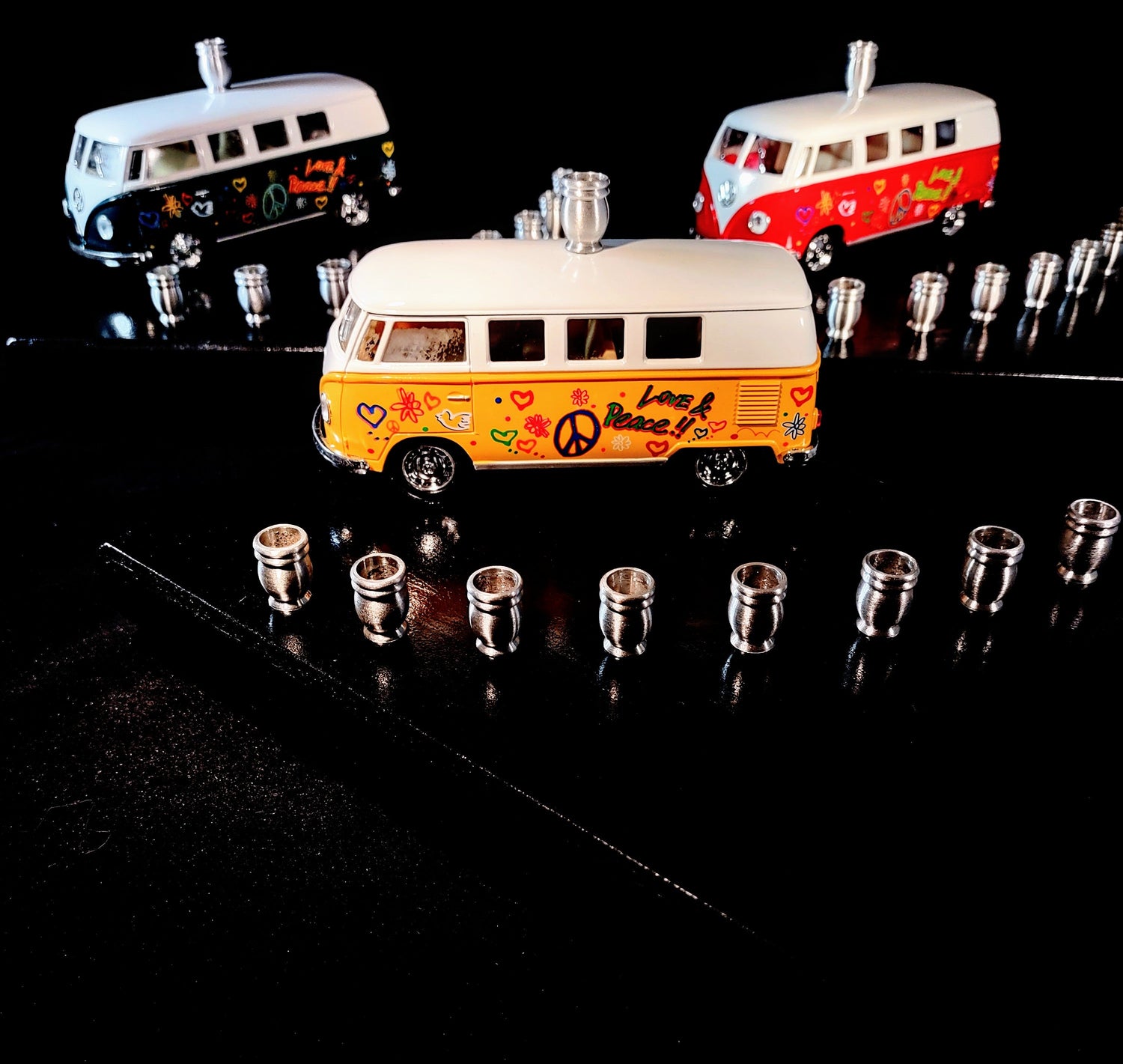 Shalom VW bus menorah — painted die-cast Volkswagen van on wood plaque with candle cups | Judaica Square Lakewood (view 9)