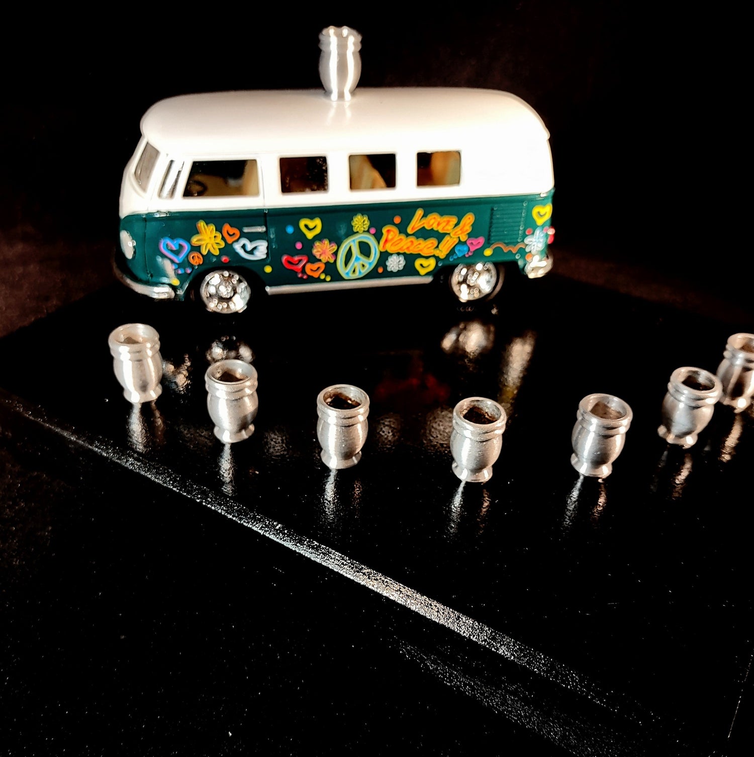 Shalom VW bus menorah — painted die-cast Volkswagen van on wood plaque with candle cups | Judaica Square Lakewood (view 10)