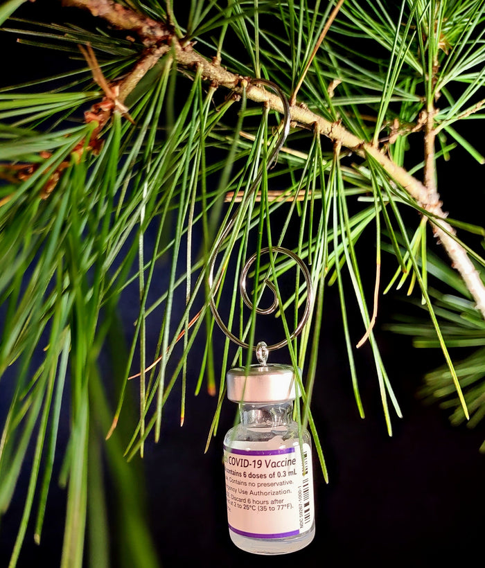 Covid vaccine ornament — repurposed Pfizer glass vial with cork and silver hook | Judaica Square Lakewood