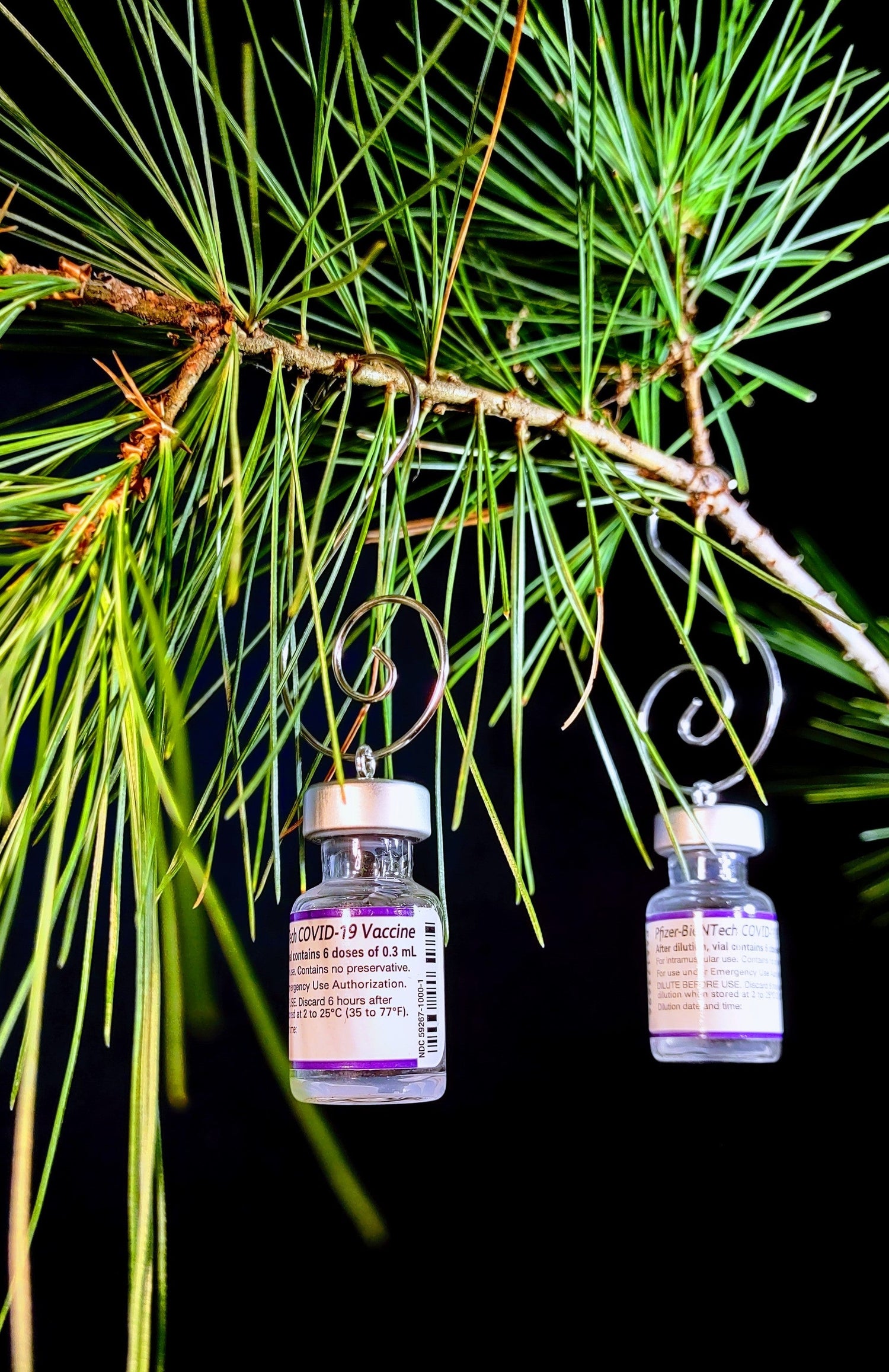 Covid vaccine ornament — repurposed Pfizer glass vial with cork and silver hook | Judaica Square Lakewood (view 2)