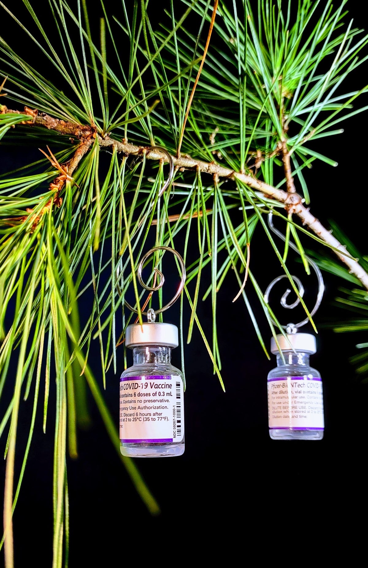 Covid vaccine ornament — repurposed Pfizer glass vial with cork and silver hook | Judaica Square Lakewood (view 2)