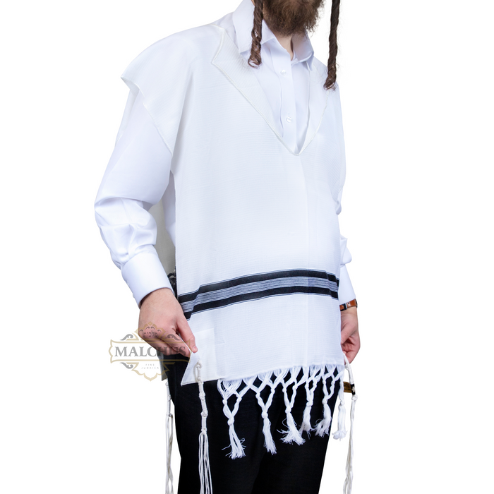 Textured wool double fringe V-neck tzitzis | Judaica Square Lakewood