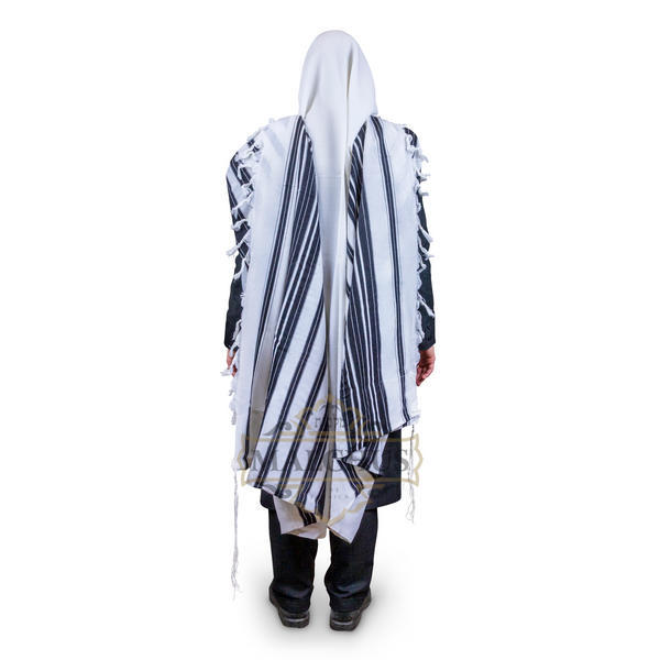 Chabad wool tallis with thick black stripes | Judaica Square Lakewood