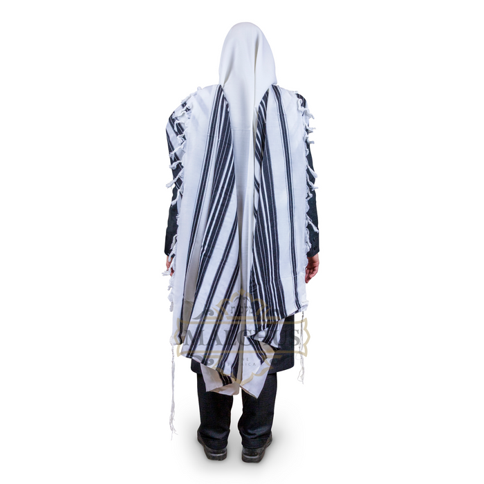 Chabad wool tallis with thick black stripes | Judaica Square Lakewood