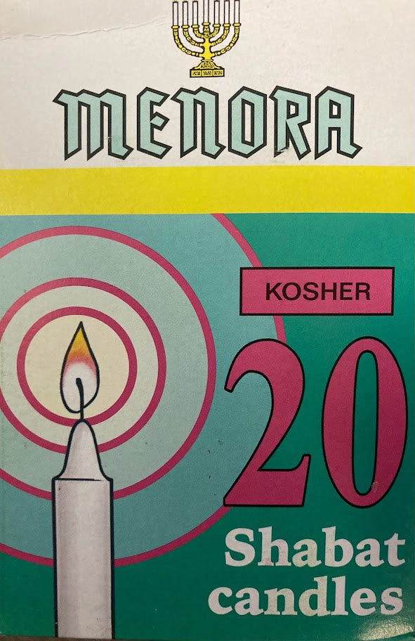 Menora White Shabbat Candles-20 in Box-Burns 3hrs