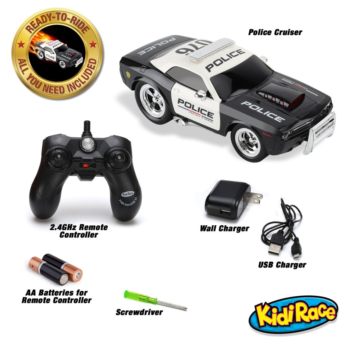 KidiRace RC Police Car with Lights & Sirens - Rechargeable — remote control, view 2 | Judaica Square Lakewood