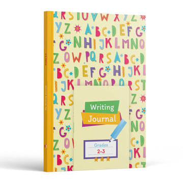 My Writing Journal Grades 2-3 front cover — cream cover patterned with colorful letters and a Writing Journal label with a pencil