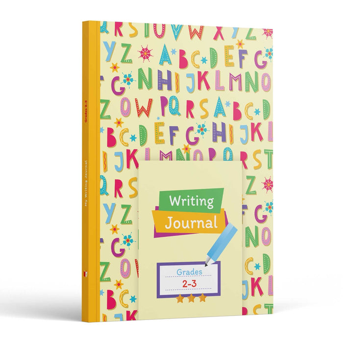 My Writing Journal Grades 2-3 front cover — cream cover patterned with colorful letters and a Writing Journal label with a pencil