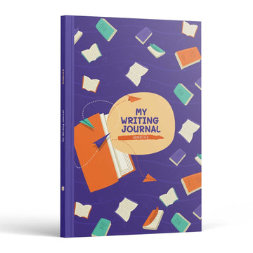 My Writing Journal Grades 6-8 front cover — purple cover with flying open books and paper planes around an orange journal