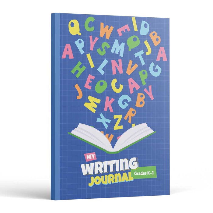 My Writing Journal Grades K-1 front cover — colorful letters flying out of an open book on a blue grid background