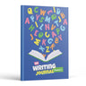 My Writing Journal Grades K-1 front cover — colorful letters flying out of an open book on a blue grid background
