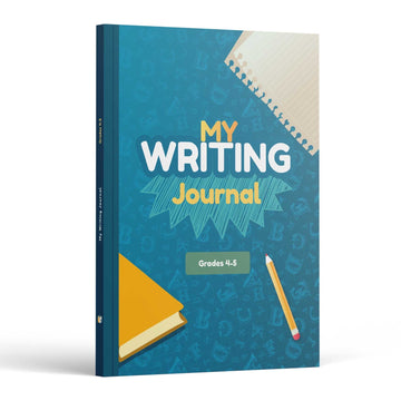 My Writing Journal Grades 4-5 front cover — teal cover with a spiral notebook page, an orange pencil and a Grades 4-5 badge