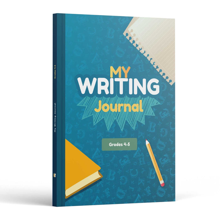 My Writing Journal Grades 4-5 front cover — teal cover with a spiral notebook page, an orange pencil and a Grades 4-5 badge