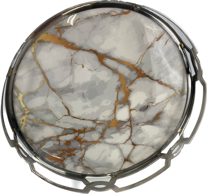 White/Gold Marble Matzah Tray-Stainless Steel Round (P-X4260Z)