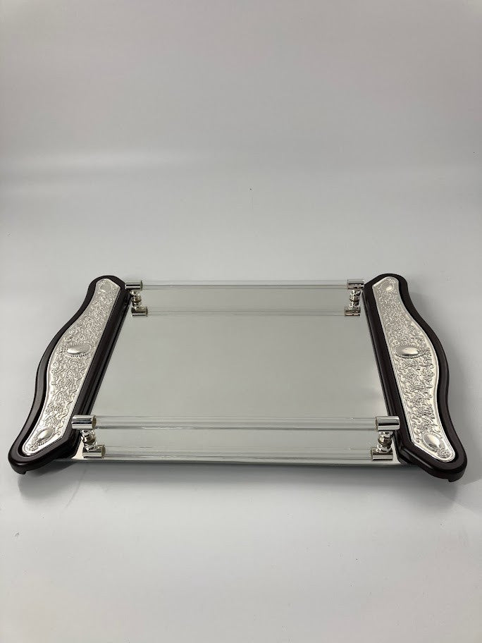 Silverplate And Wood Mirror Candlestick Tray