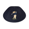Navy denim boys kippah embroidered with a Dov Bear golfer mid-swing in a navy sweater and tan trousers
