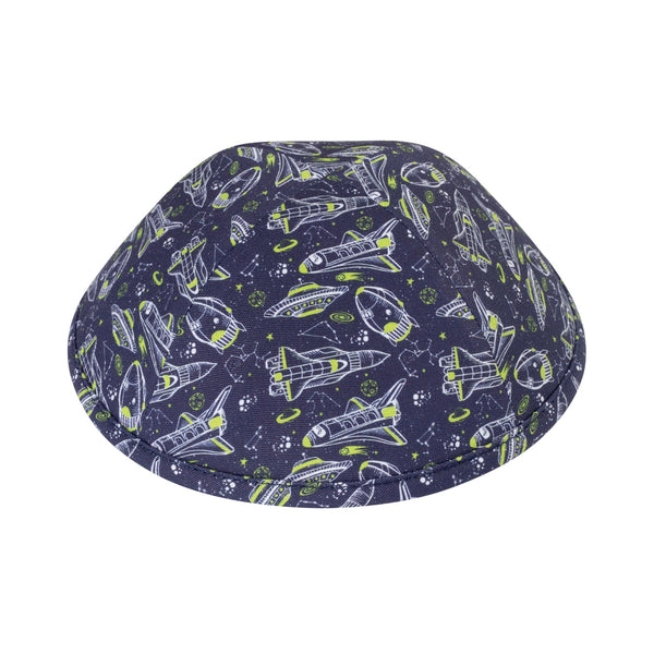 Zero Gravity space kippah for boys – navy cotton yarmulke printed with shuttles, rockets and constellations