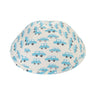 Ivory cotton boys kippah printed all over with small sky-blue cars with dark wheels, the print continuing onto the rim