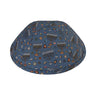 Midnight blue cotton kippah printed all over with lit silver and gold menorahs, dreidels, sufganiyot and oil jugs