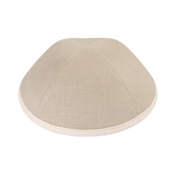 Light taupe linen kippah with beige rim – open weave four panel summer yarmulke