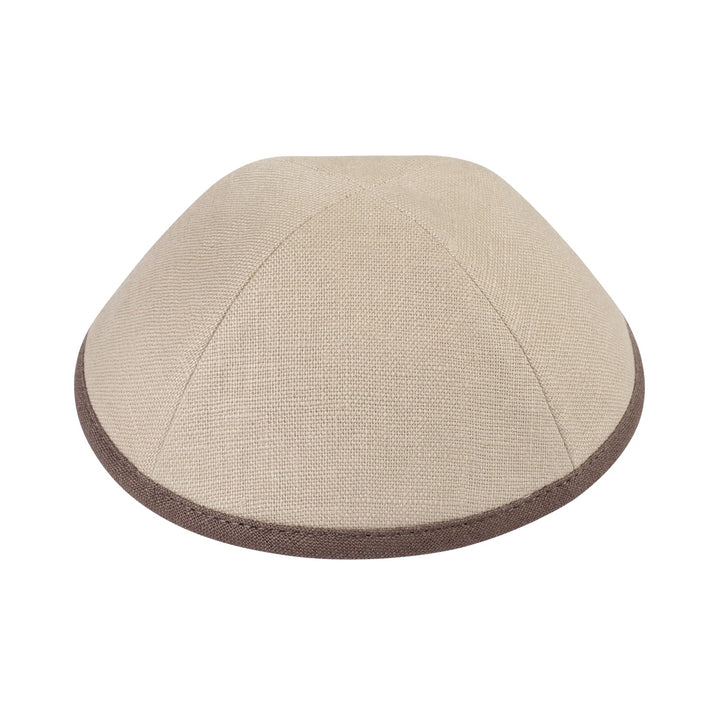 Light taupe oatmeal linen four-panel kippah with a contrasting cocoa brown rim band