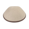 Light taupe oatmeal linen four-panel kippah with a contrasting cocoa brown rim band