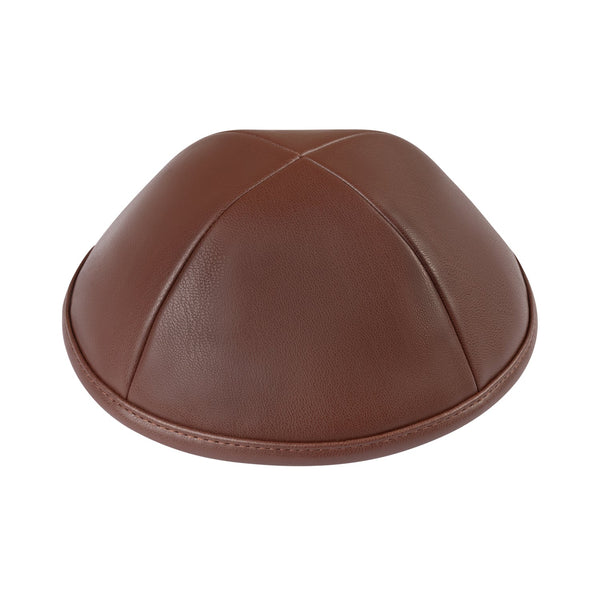 Mid brown leather kippah for men – four panel pebbled leather yarmulke with rolled stitched edge