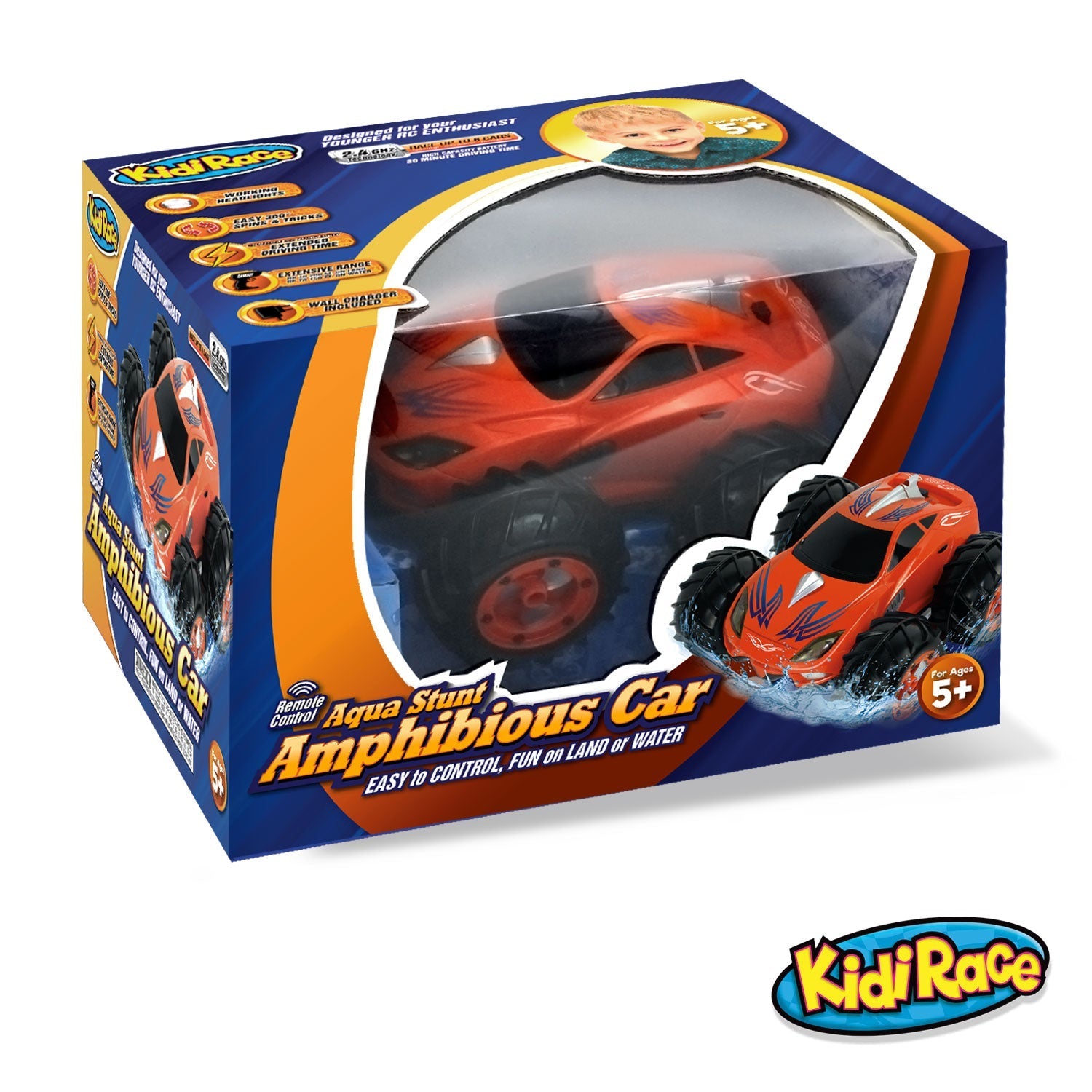 KidiRace Amphibious RC Car, Orange - 360° Spin Aqua Stunt Car — product view, view 5 | Judaica Square Lakewood
