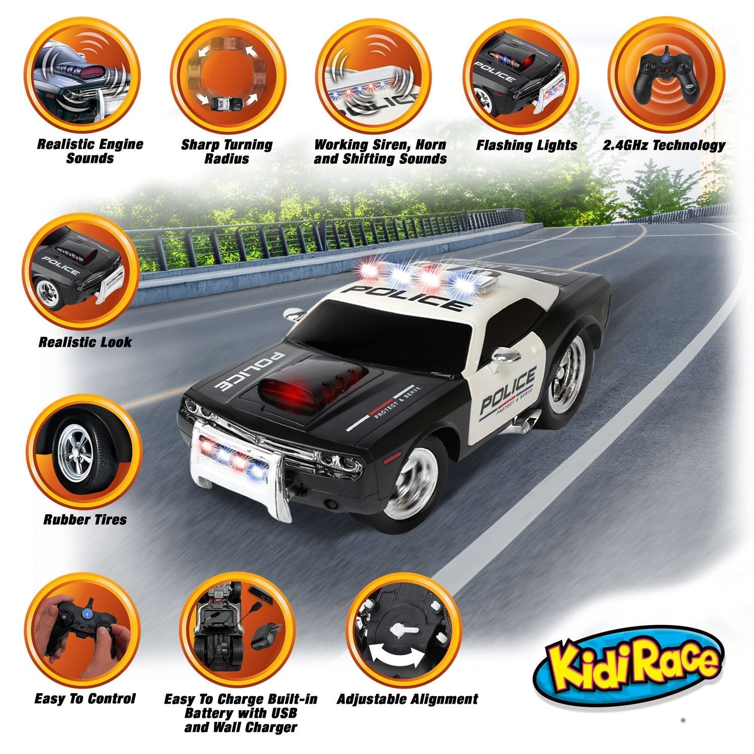 KidiRace RC Police Car with Lights & Sirens - Rechargeable — remote control, view 3 | Judaica Square Lakewood