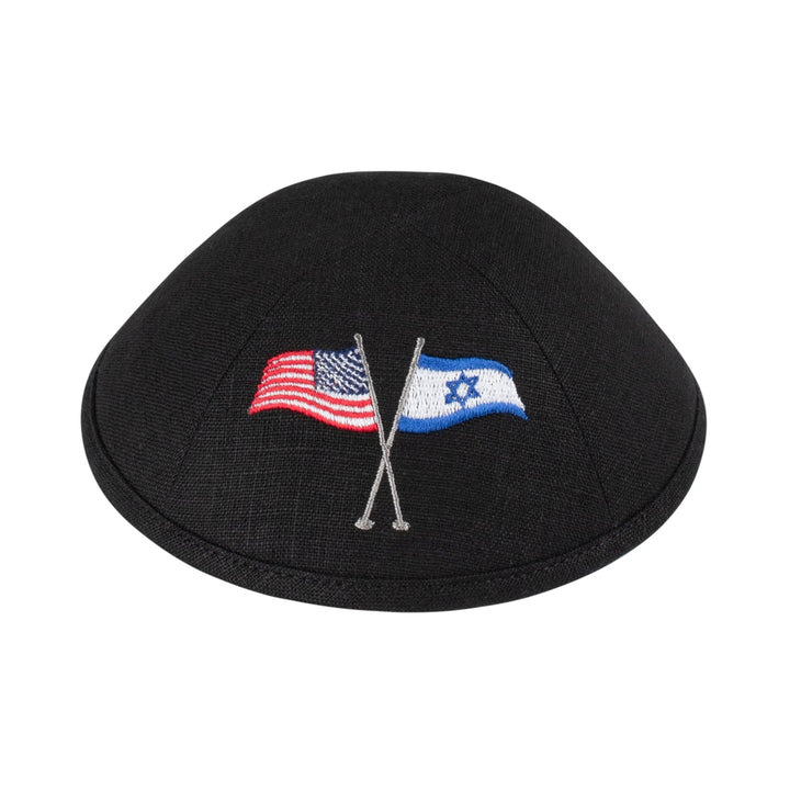 Israel USA Flags Kippah – Black Linen Yarmulke