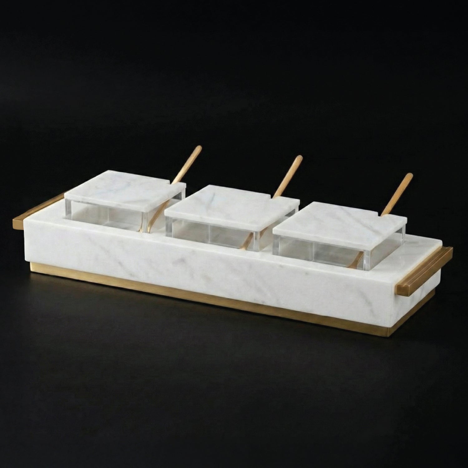 3 Dip Bowl Set — White Marble — Gold — lucite Judaica decor | Judaica Square Lakewood