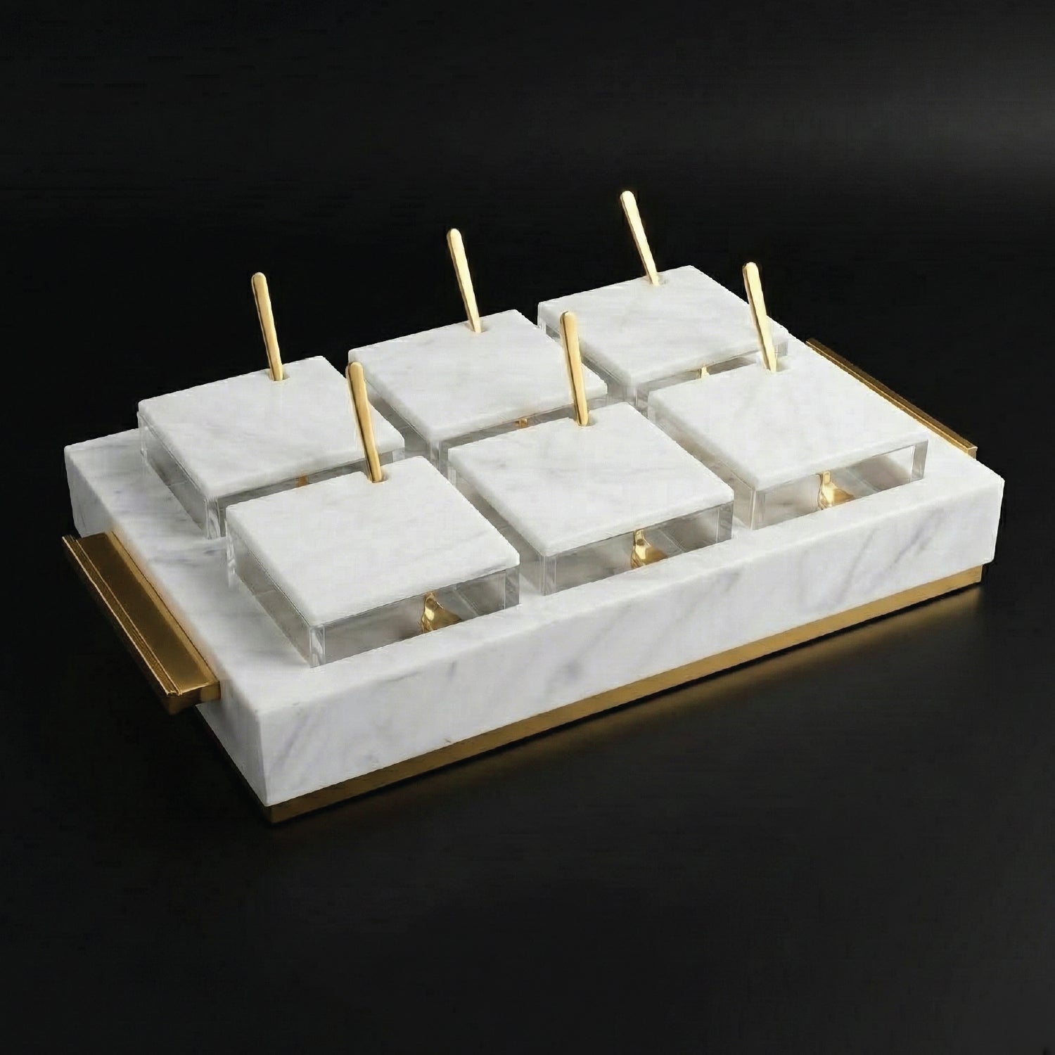 6 Dip Bowl Set — White Marble — Gold — lucite Judaica decor | Judaica Square Lakewood