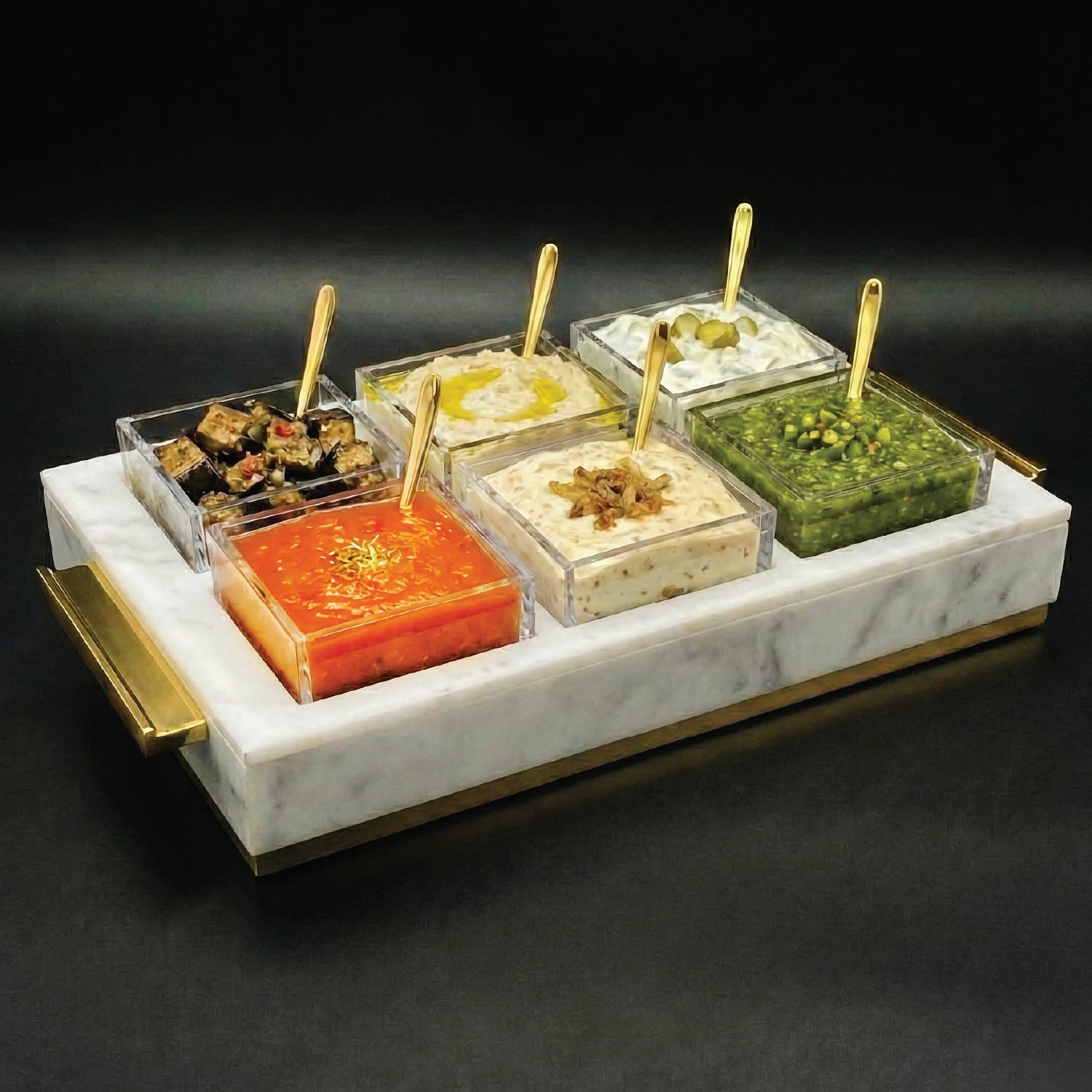 6 Dip Bowl Set — White Marble — Gold — lucite Judaica decor | Judaica Square Lakewood