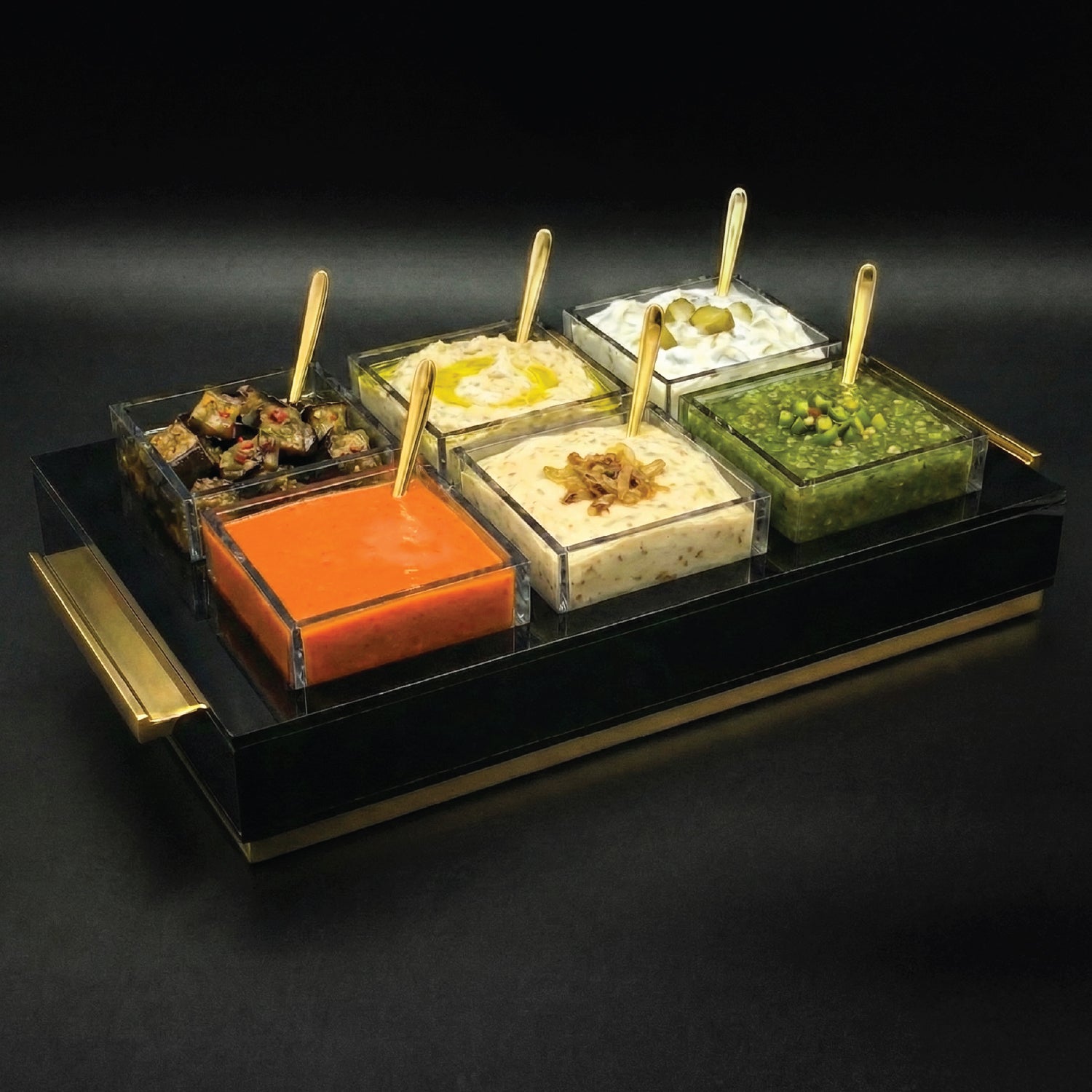 6 Dip Bowl Set — Black — Gold — lucite Judaica decor | Judaica Square Lakewood