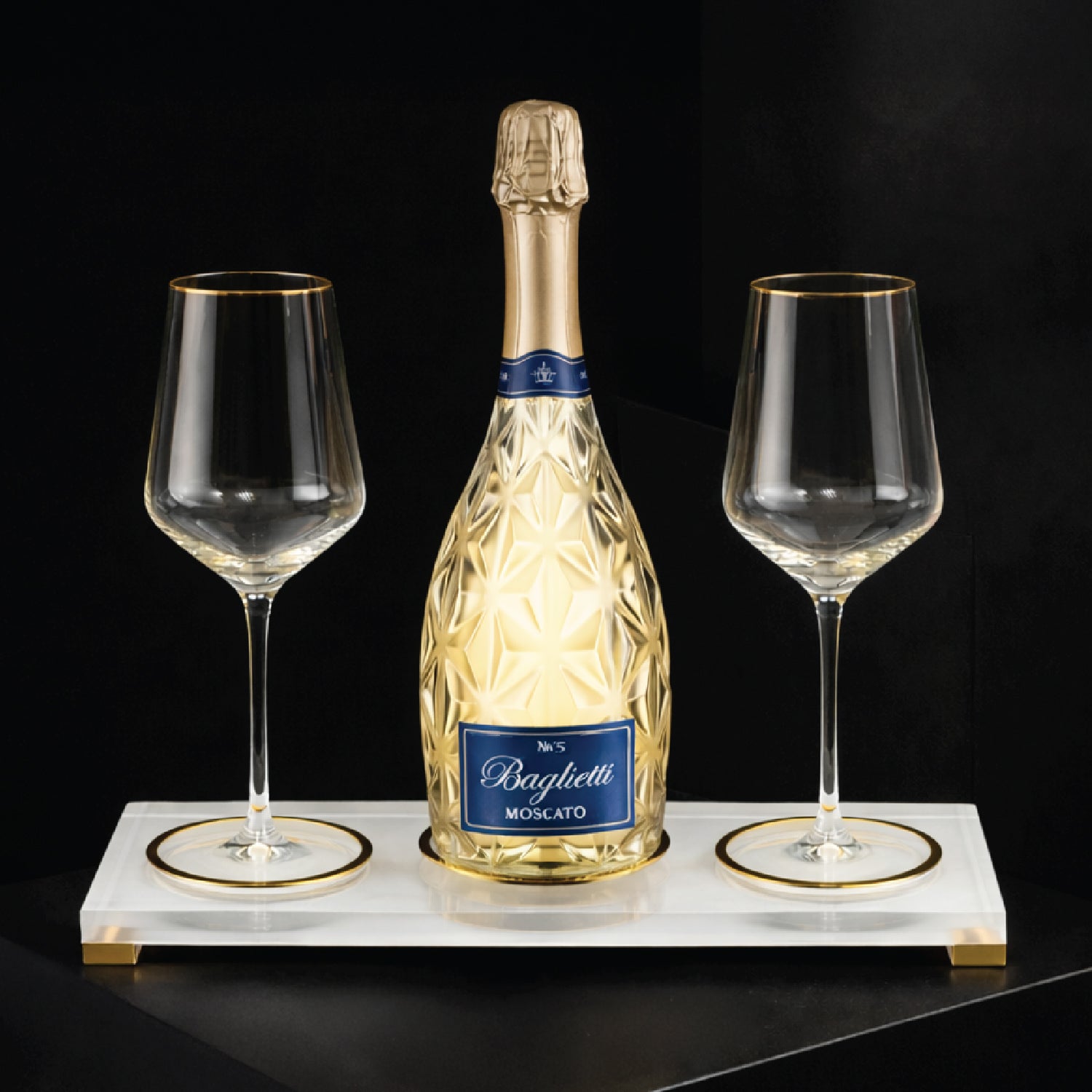 Wine Bottle Display with Glasses — lucite Judaica decor | Judaica Square Lakewood