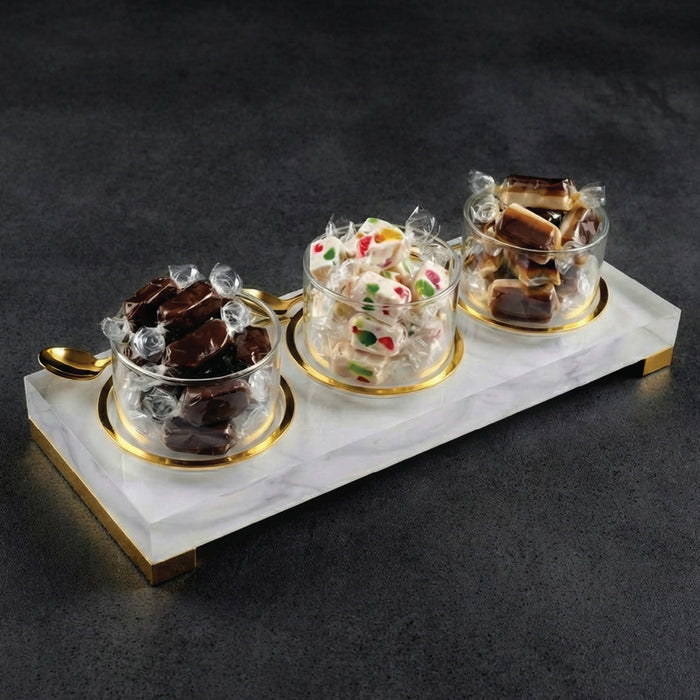 Mishloach Manos glass dip bowl arrangement — marble tray & gold spoons set | Judaica Square Lakewood