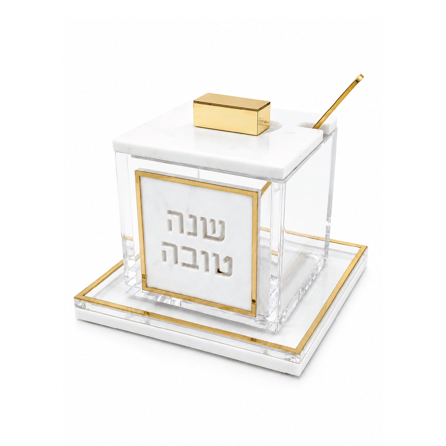 Three-quarter view of Gold Rimmed white marble lucite honey dish