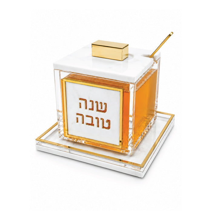 Gold Rimmed white marble lucite honey dish with Shana Tova cutout