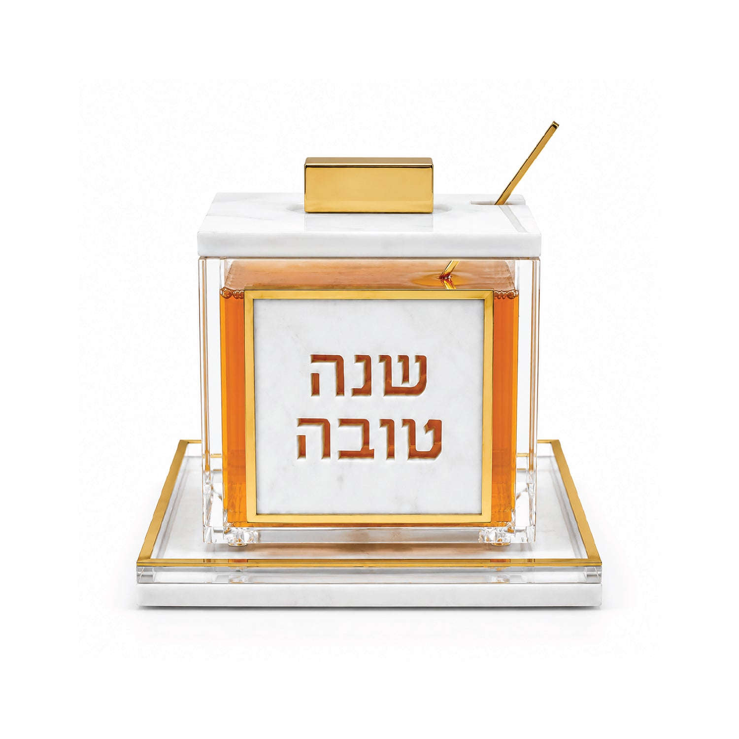 Front view of Gold Rimmed honey dish filled with honey