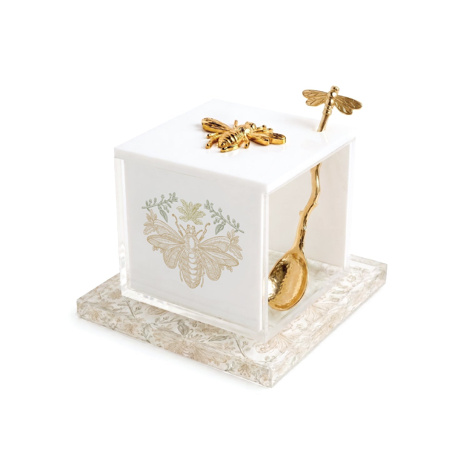 Gilded Bee Honey Dish — view 2, lucite honey dish with gold bee lid, matching plate and bee spoon | Judaica Square Lakewood