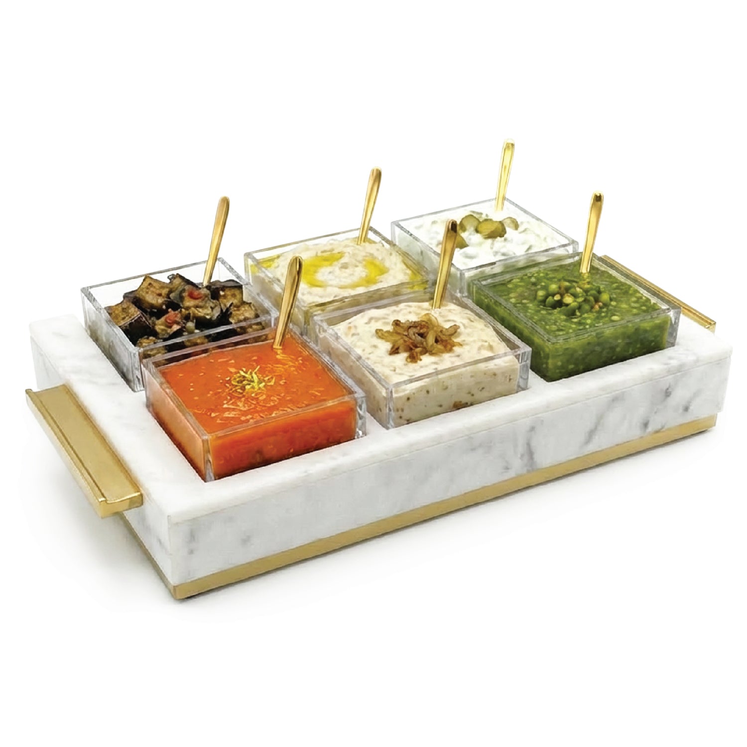 6 Dip Bowl Set — White Marble — Gold — lucite Judaica decor | Judaica Square Lakewood